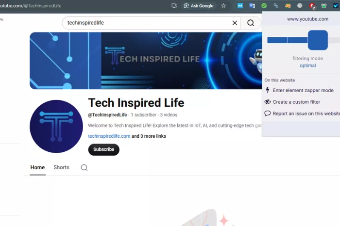 uBlock Origin extension popup open on YouTube page showing filtering mode