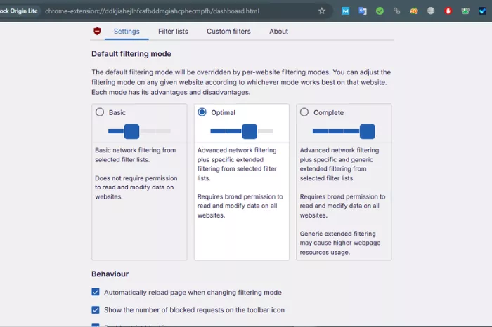 uBlock Origin dashboard settings